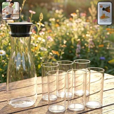 Prexo Plastic Water Jug and Drinking Glass Set (1 Jug 1000ML, 6 Glasses 300ML)
