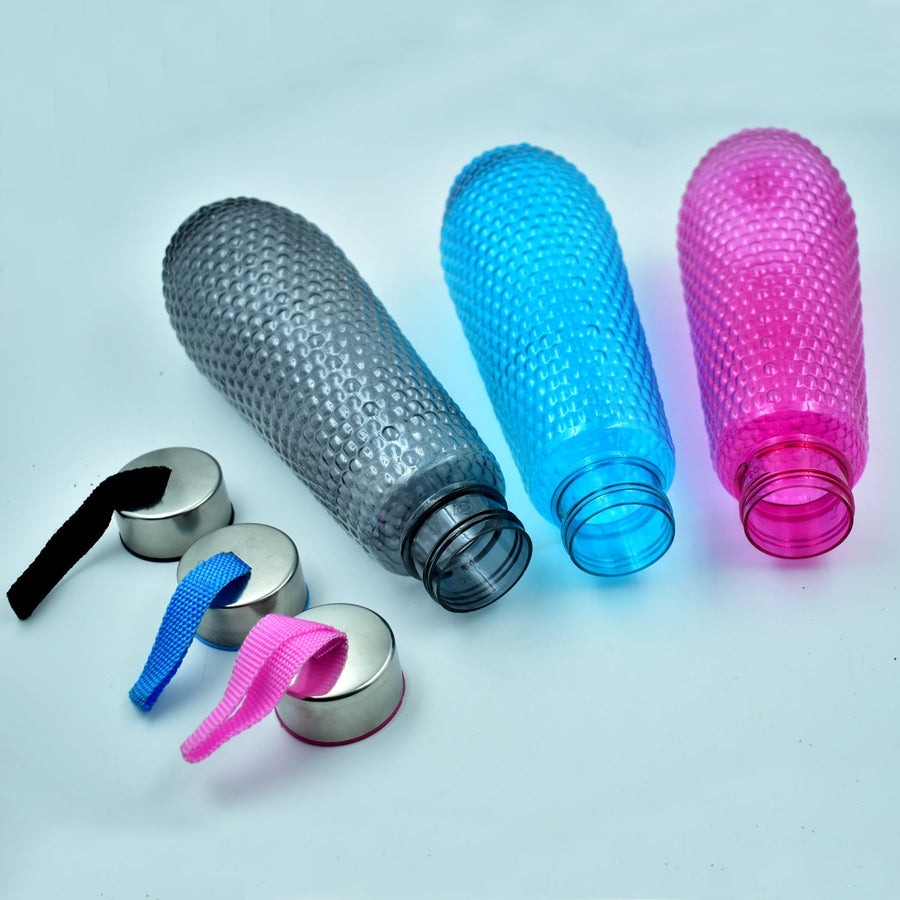 Plastic Fridge Water Bottle Set With Steel Finish Cap (3 Pieces 1 litre)