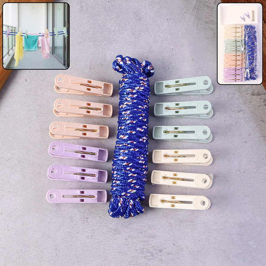 Clothesline Rope 12 Clips – 5 Meter Approx Heavy Duty Laundry Drying Rope with Clip