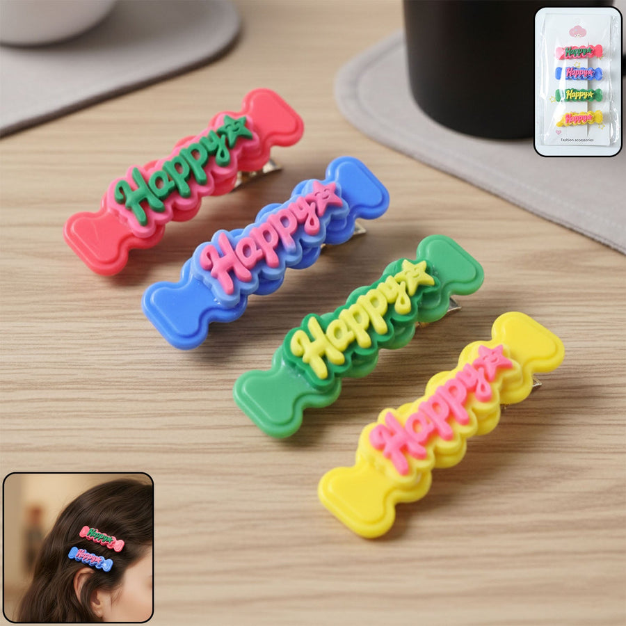 Cute “Happy” Bone-Shaped Snap Hair Clips Set (4 Pc)