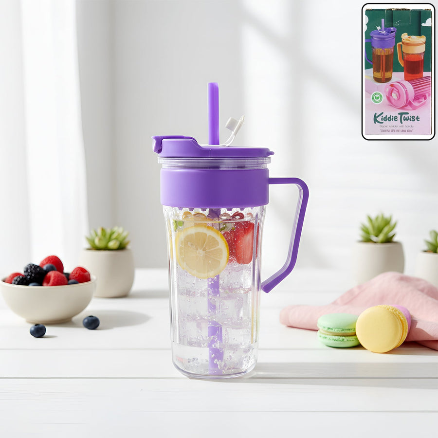 Kiddie Style Plastic Tumbler with Straw and Handle (500 ML Approx)