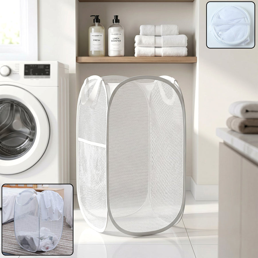 Foldable Laundry Basket Fabric Mesh Clothes Hamper Bag (1 Pc,33x33x54cm)